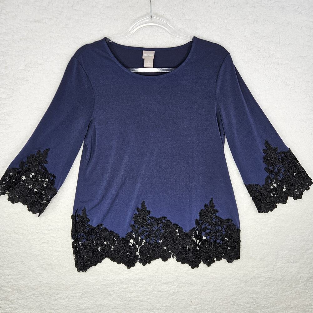 Chico's Blue Pullover Black Lace Scalloped Hem & Sleeve Boho Women's Size 0 (Sm)